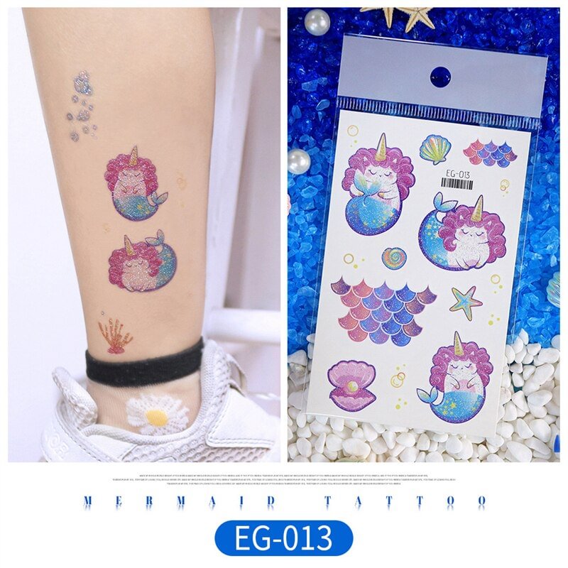 12 kinds Glitter Powder Temporary Tattoo Cartoon Mermaid Ocean Stickers tatouage temporaire Disposable Party Makeup
