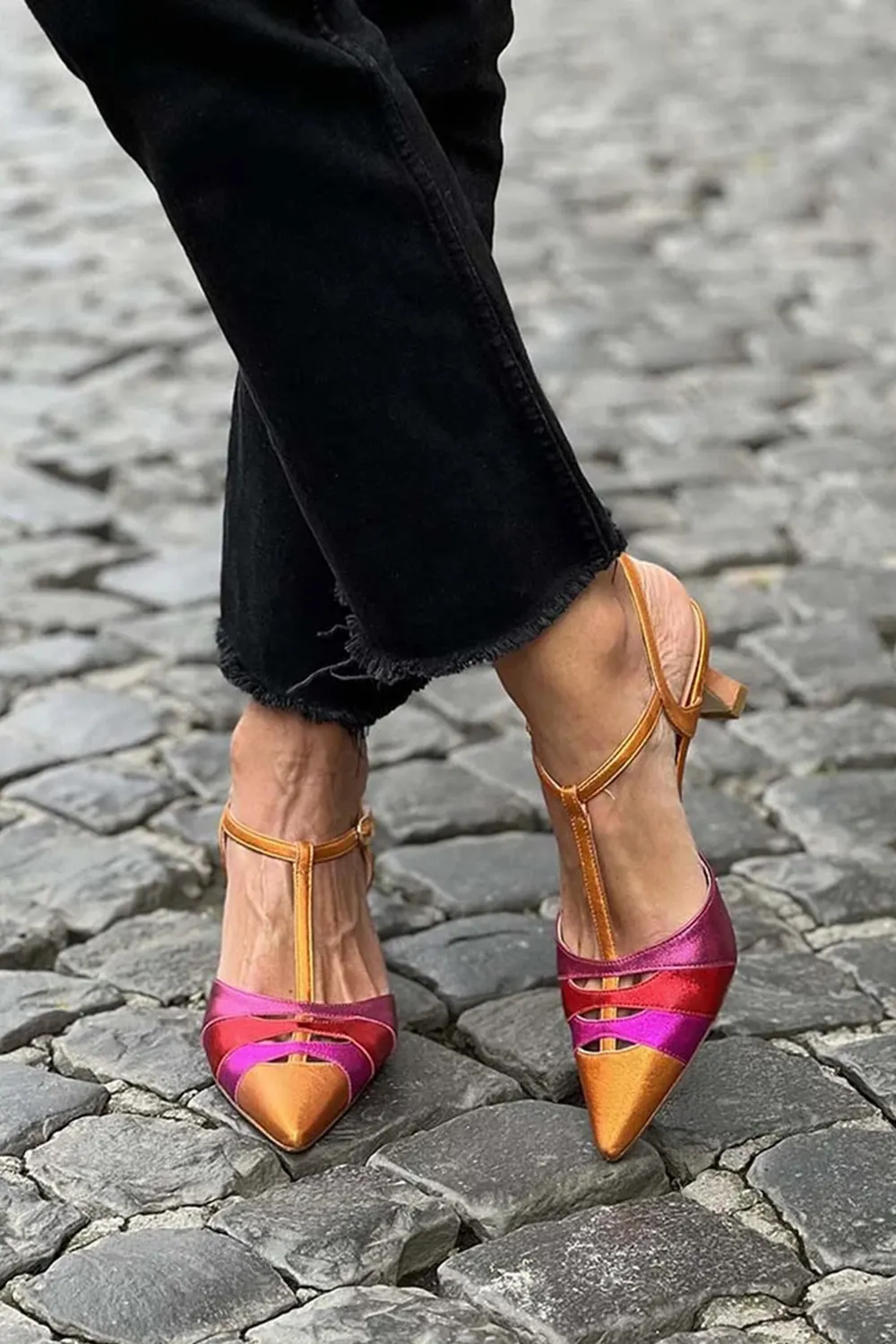 Pointed Toe Colorblock T-Strap Buckle Gold Kitten Heels
