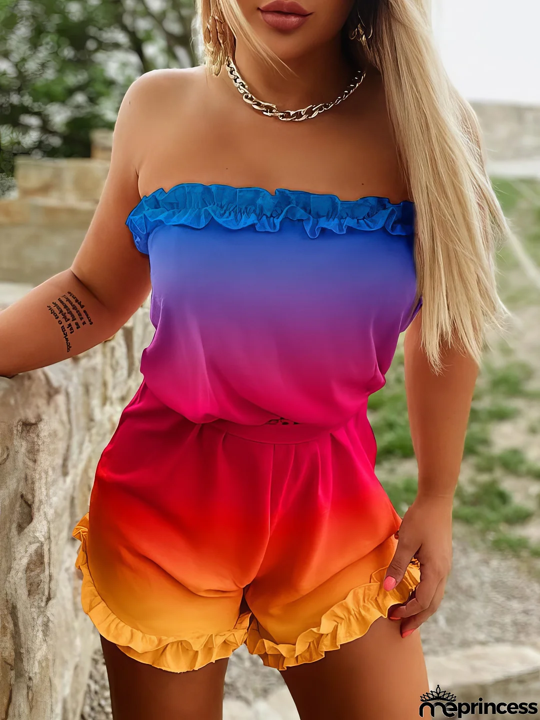 Ombre One-Shoulder Ruffled Bandeau Jumpsuit