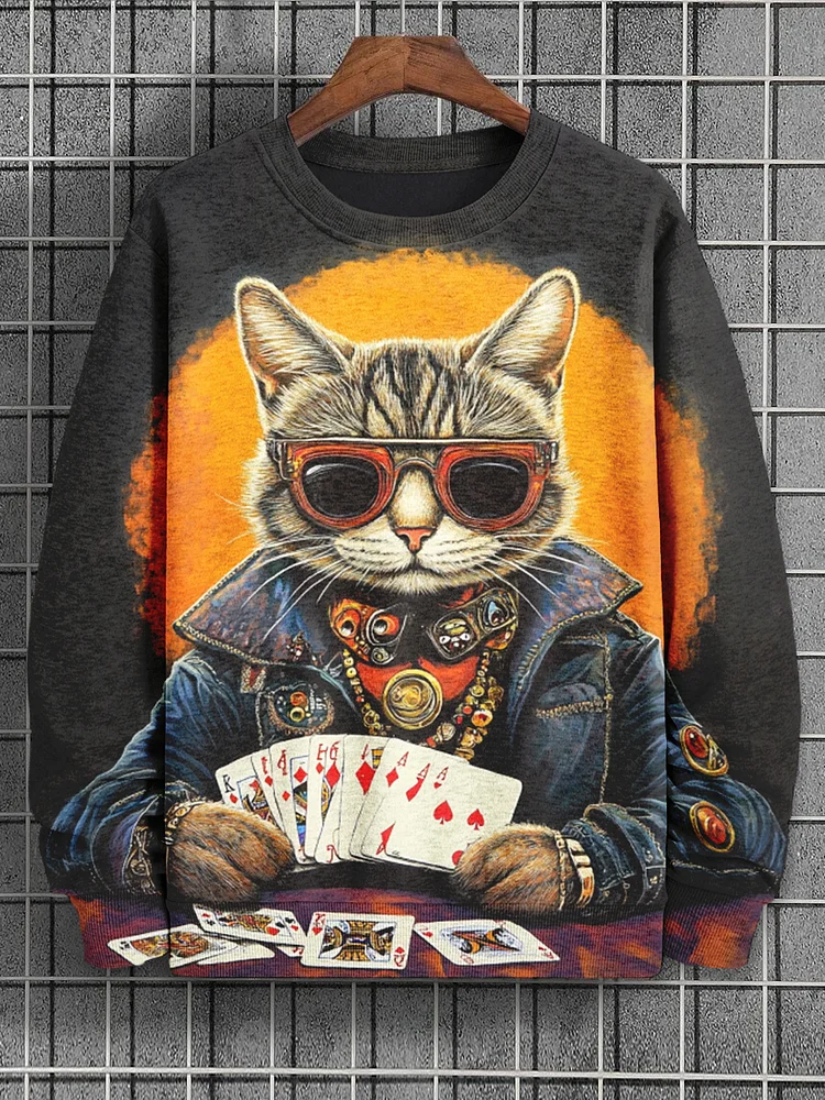 Men's Cool Cat Playing Card Print Casual Sweatshirt