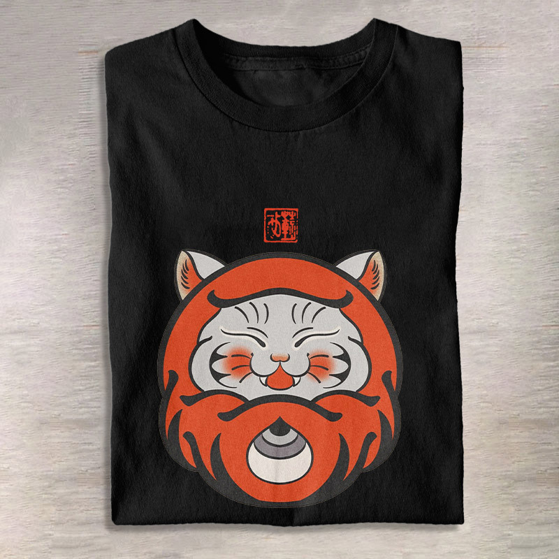 Japanese Cat Daruma Print T-Shirt elevenforest