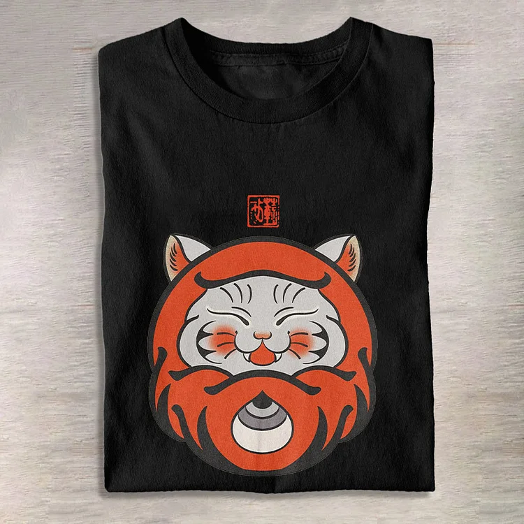 Comstylish Japanese Cat Daruma Print T-Shirt
