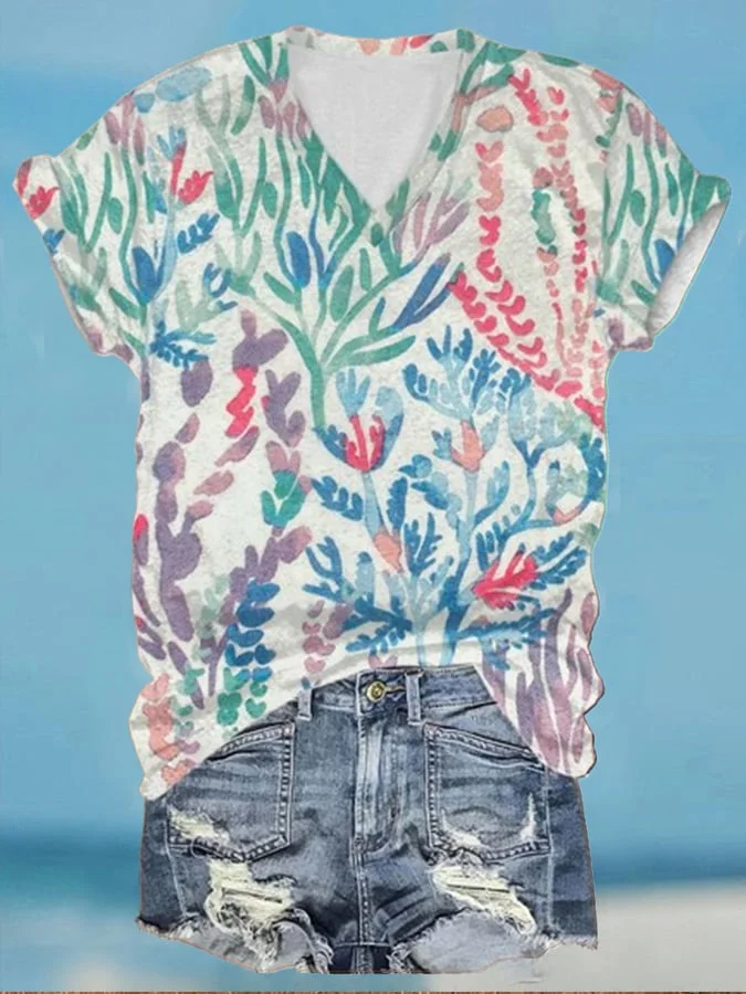Women'S Art Botanical Flower Beach Vacation Print Casual T-Shirt
