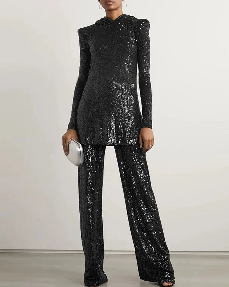 Elegant sequined hoodie and pants two-piece set