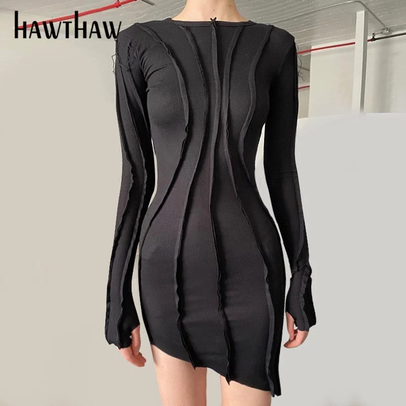 Hawthaw Women Autumn Long Sleeve Patchwork Fashion Streetwear Bodycon Package Hip Black Mini Short Dress 2020 Fall Clothes