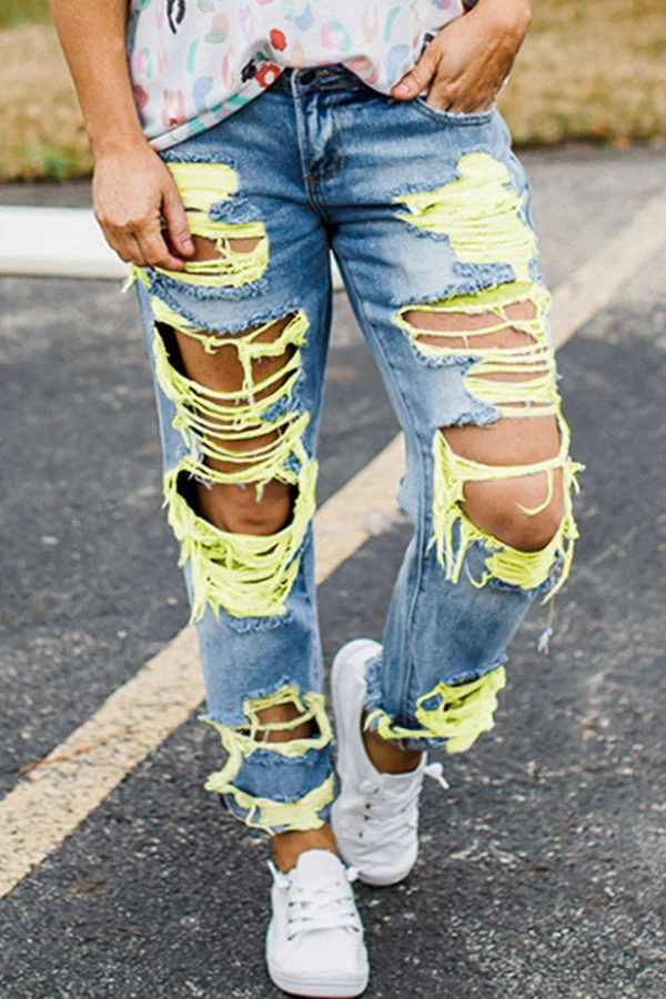 Yellow Denim Zipper Fly Mid Hole washing Old Straight Pants Bottoms