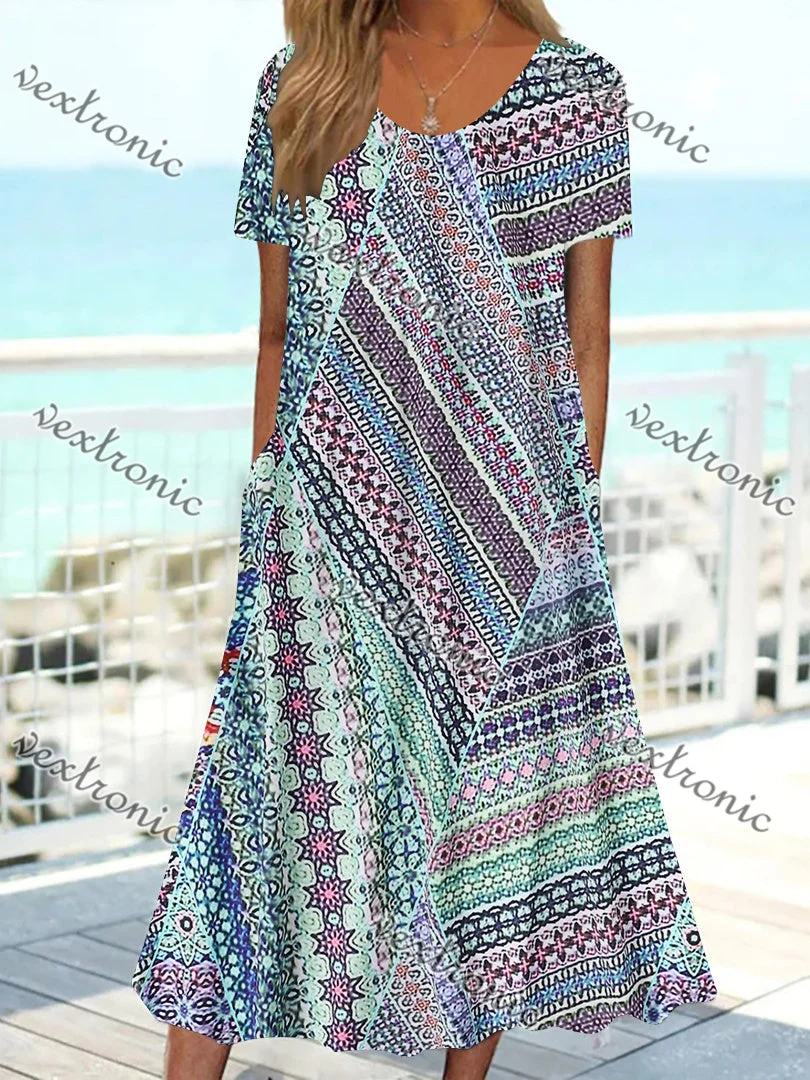 Women Short Sleeve Scoop Neck Floral Printed Stitching Maxi Dress