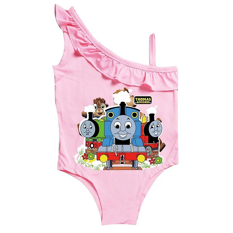 Mayoulove Girls Thomas The Train Print One Shoulder Ruffle One Piece Swimsuit-Mayoulove