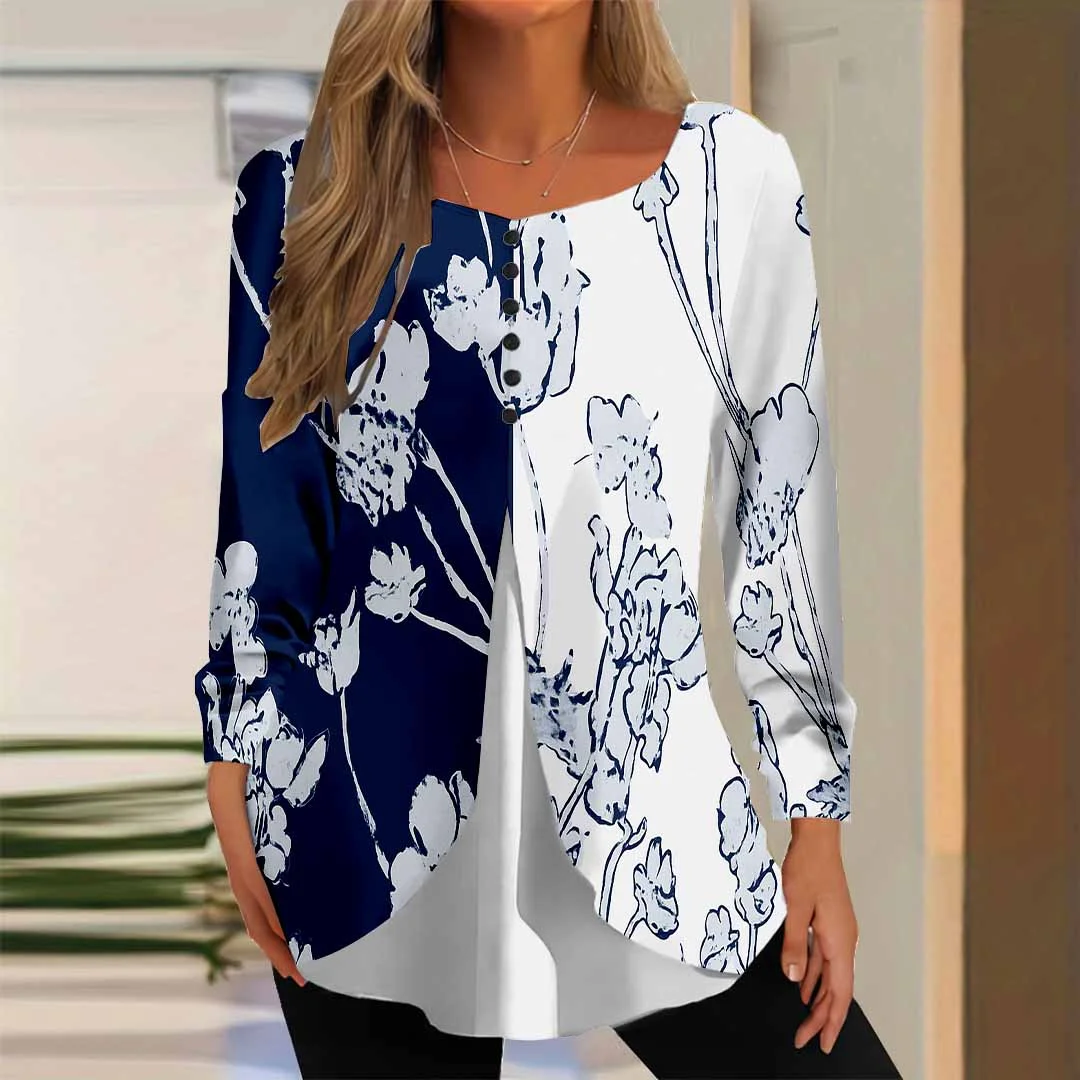 Women Floral,Blue DZGG8307 Long Sleeve Scoop Neck Printed Graphic Button Fake 2in1 Tops
