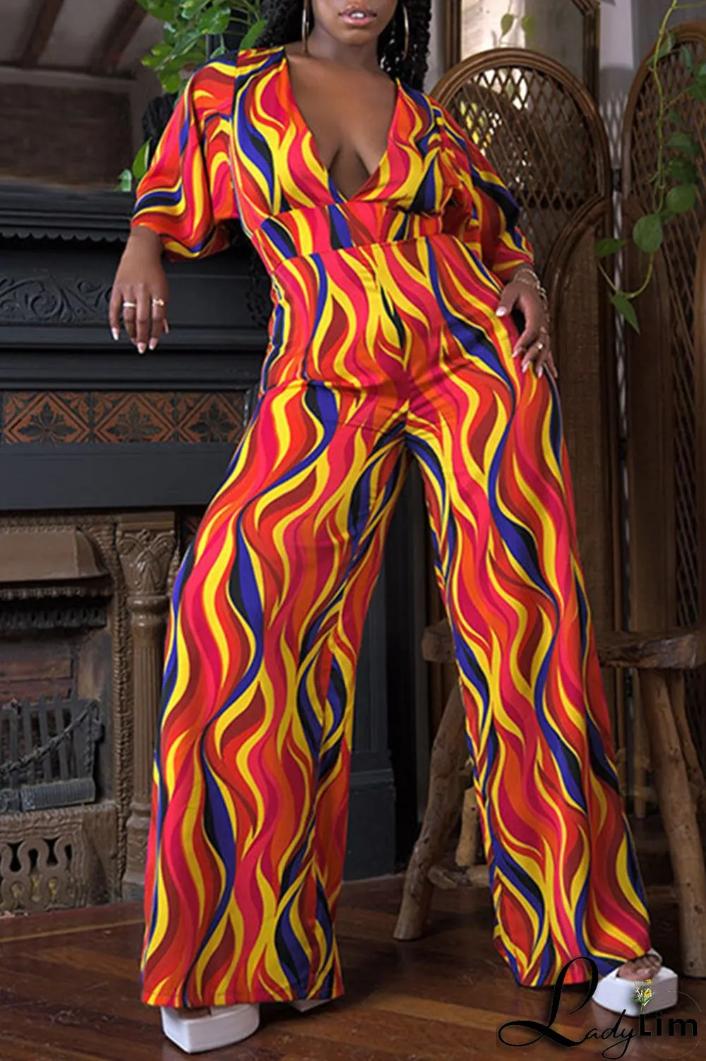 Red Fashion Casual Print Split Joint V Neck Regular Jumpsuits