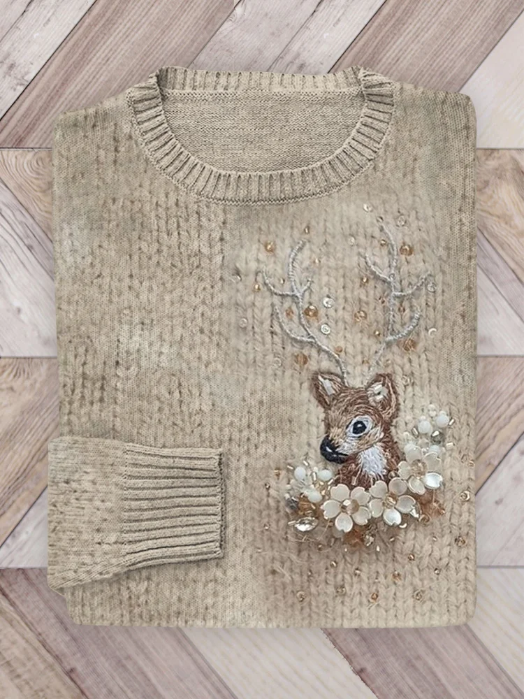 Comstylish Christmas Reindeer Floral Beaded Embroidery Art Knit Sweater