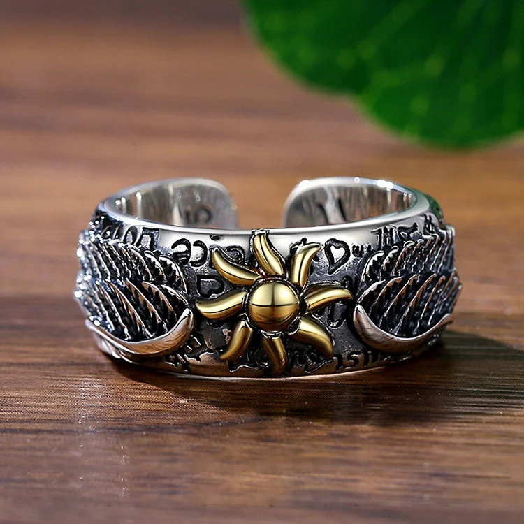 Sterling Silver Angel Wings Sunflower Ring