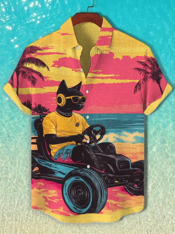 Men's Black Cat Dune Buggy Print Vacation Short Sleeve Shirt