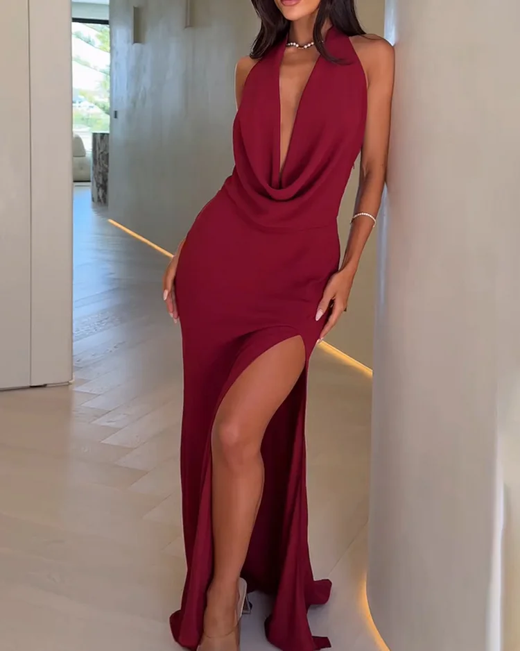 Women's solid color halter neck slit dress