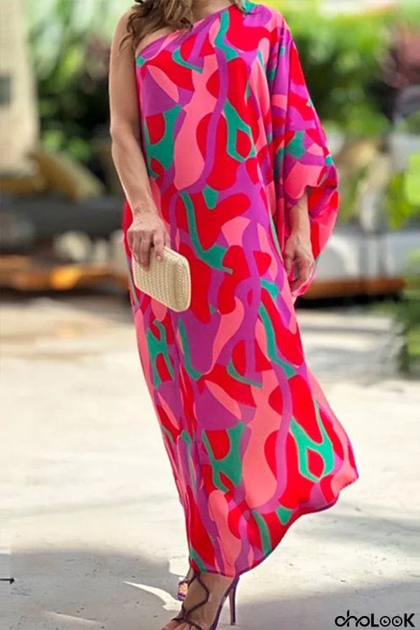 One Shoulder Long Sleeve Printed Maxi Holiday Dress