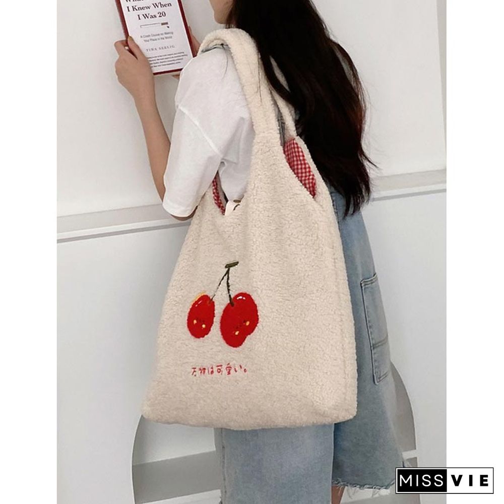 Sweet Cherry Embroidery Plush Tote Bag