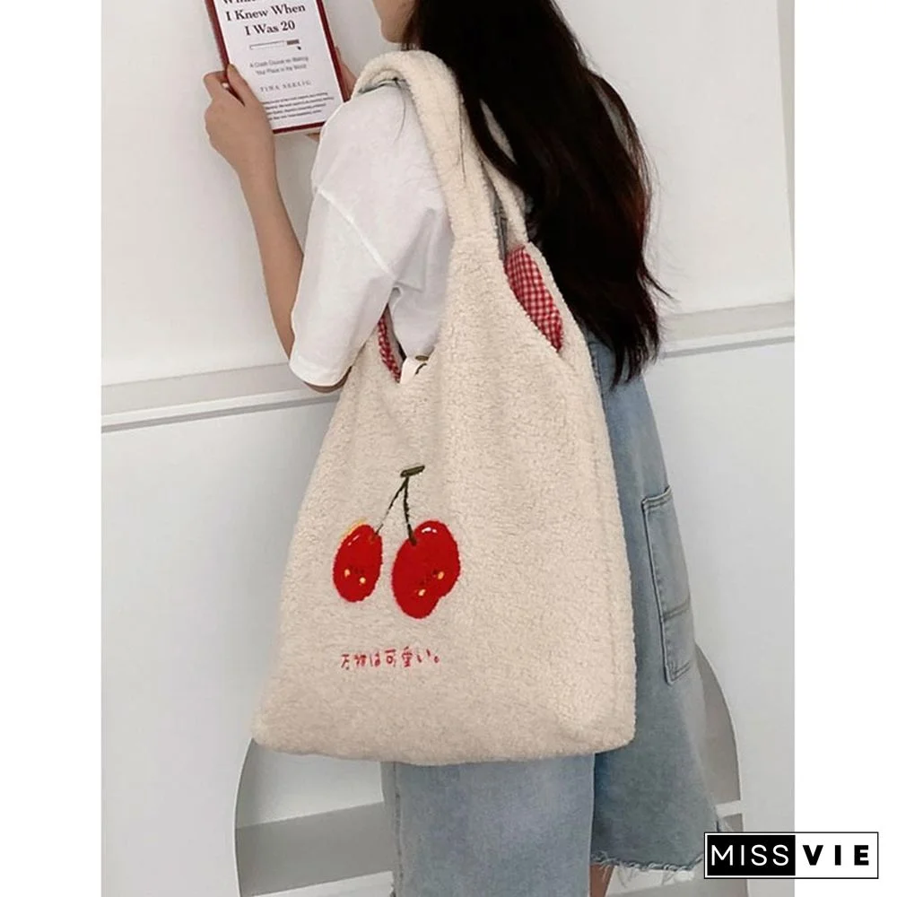 Sweet Cherry Embroidery Plush Tote Bag
