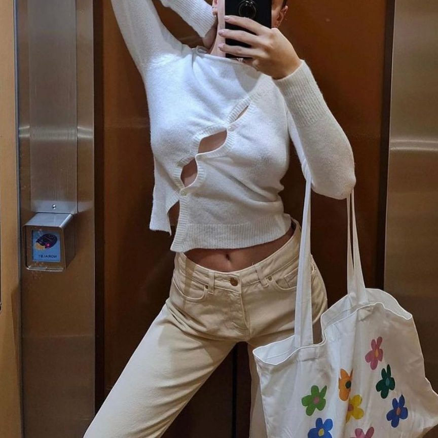 Ootddress Knit Hollow Out Crop Tops For Women Shirts Knitwear Long Sleeve Bodycon Pullover Button Designer Top Ladies Streetwear