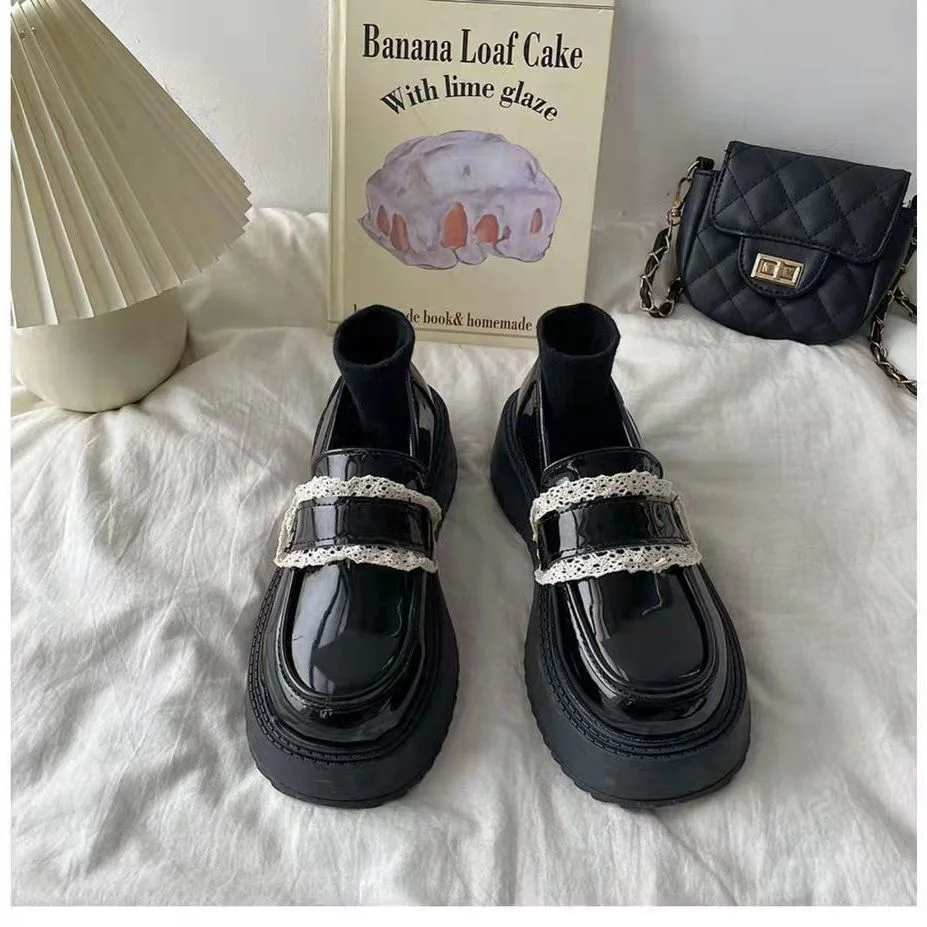 2022 British Style Lolita Shoes Femme PU Slip on Platform Woman Vulcanize Shoes Lace Zapatillas Mujer Vintage Ladies Footwear