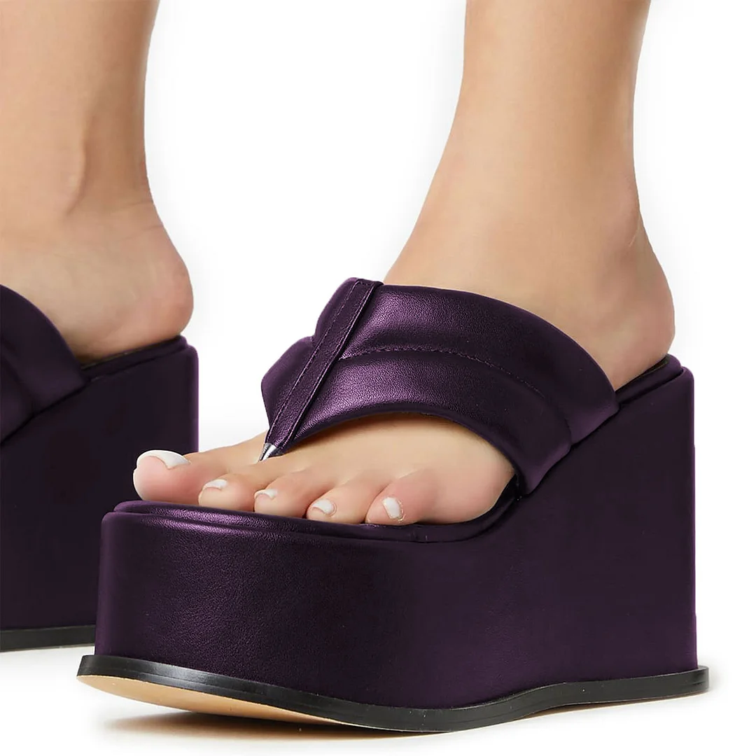 Vegan Leather Round Toe Platform Strappy Wedge Heel Mules in Purple 