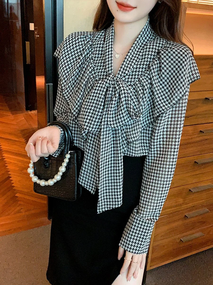 Bow Tie Houndstooth Shirt Top