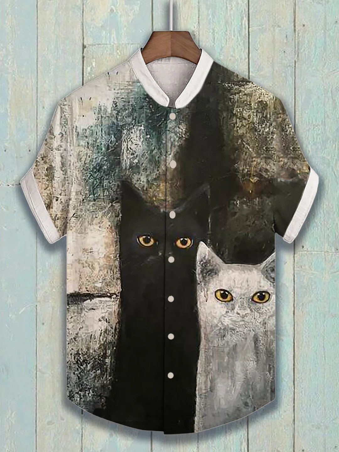 Men's Retro Black And White Cat Art Print Short Sleeve Shirt
