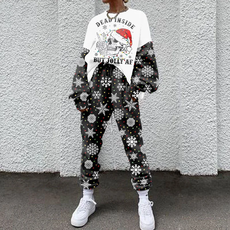 Casual Santa Hat Skull Print Two Piece Set