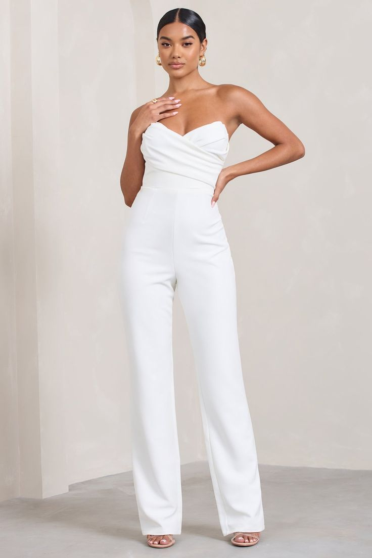 Lvs&Broner Stunning White Strapless Sleeveless High Waist Pleated Waist Slimming Jumpsuit