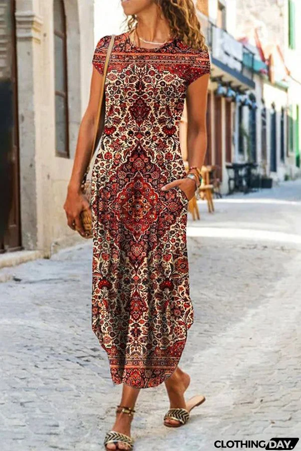 Ada Ethnic Floral Pocketed Daily /vacation Stretch Midi Dress