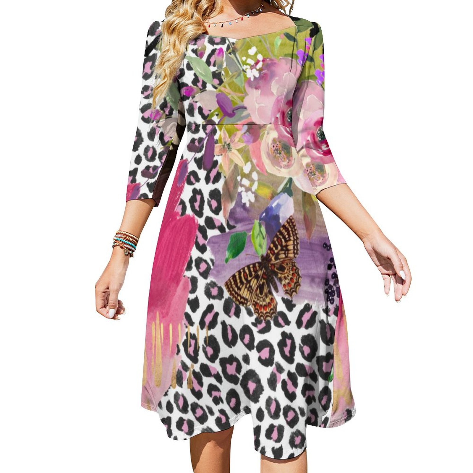 Funky Leopard And Floral Dress Sweetheart Tie Back Flared 3/4 Sleeve Midi Dresses