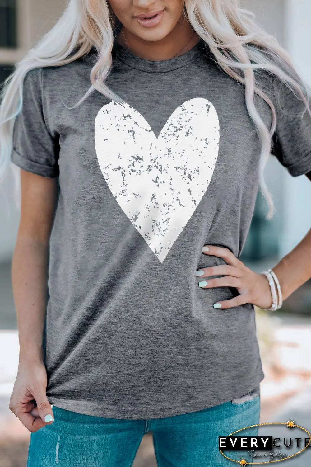 Gray Valentine's Day Large Heart Shape Print Graphic T Shirt