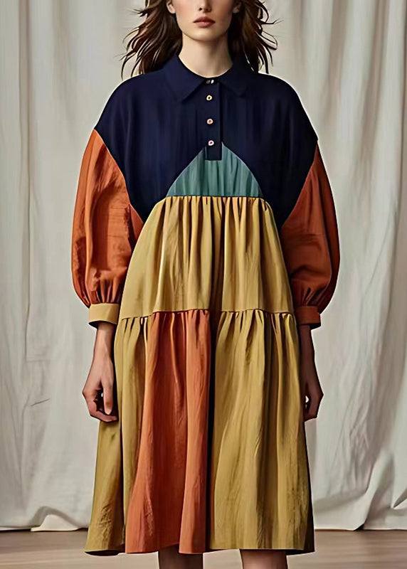 VCSHOES Colorblock Peter Pan Collar Patchwork Cotton Maxi Dresses Summer
