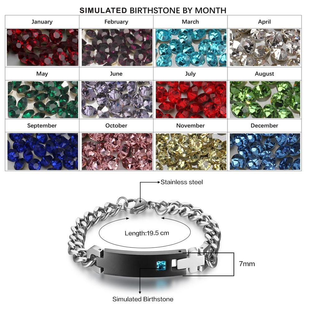 Birthstone Chain Bracelet Men ID Bracelets Personalized Engraved