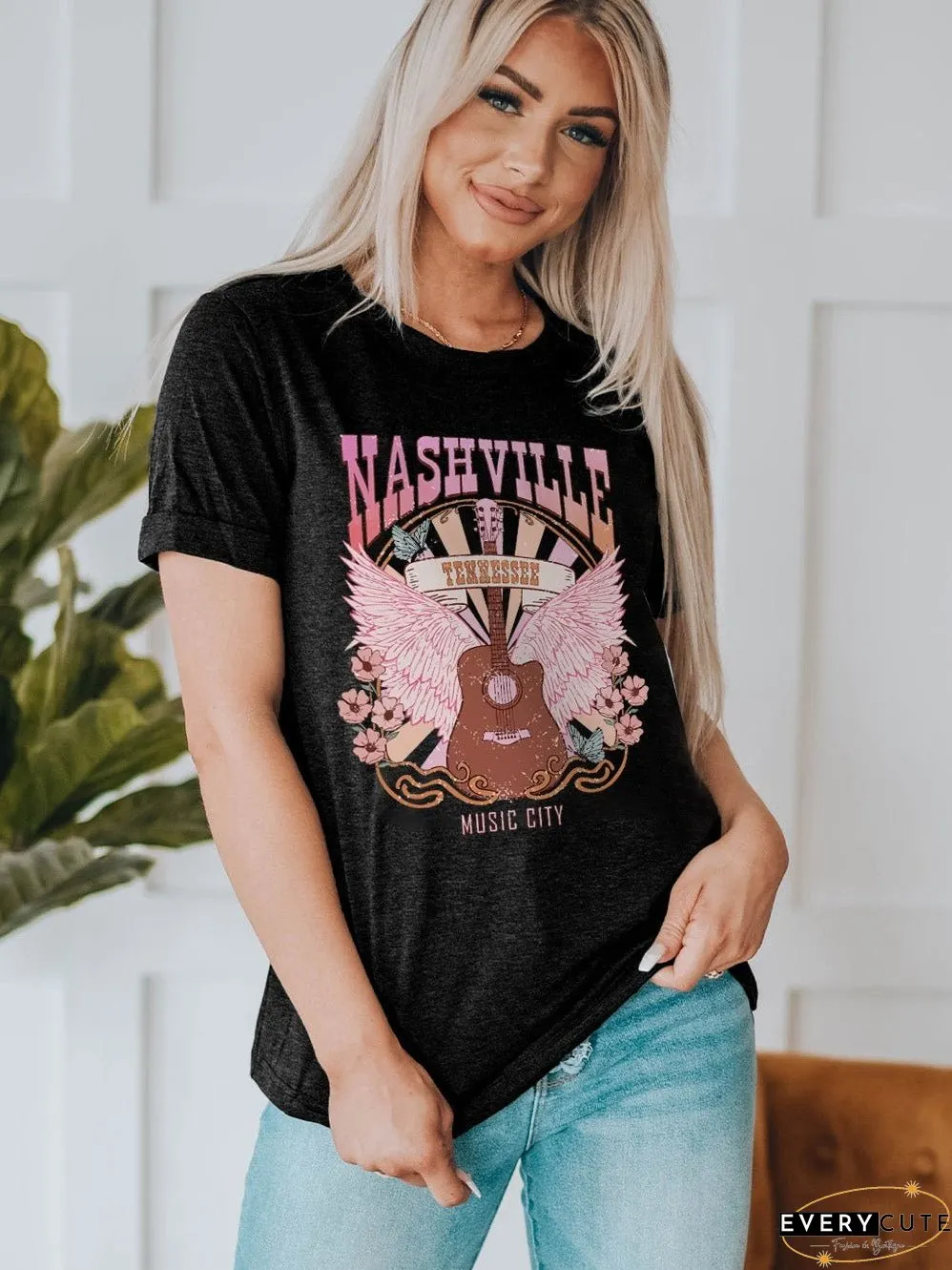 NASHVILLE Rock & Roll Guitar Graphic Print Top
