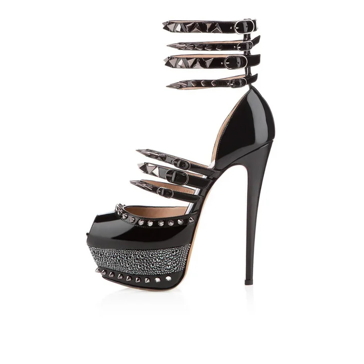 Women's Black Rivets Stiletto Heels Ankle Strap Sandals Stripper Shoes |FSJ Shoes