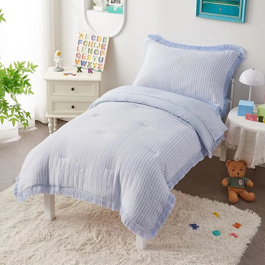 Light Blue/Coral Toddler Bedding Set for Girls Blue Comforter Sets with Jacquard Stripes, Tassel Fringe 4 Pieces - Comforter, Fitted Sheet, Flat Sheet, Pillowcase