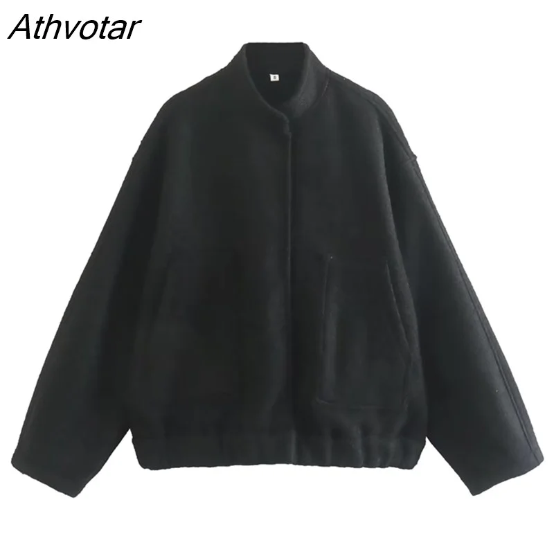 Athvotar New 2023 Women Fashion Oversized Bomber Jacket Coat Vintage Solid Long Sleeve Female Pockets Chic Loose Outerwear