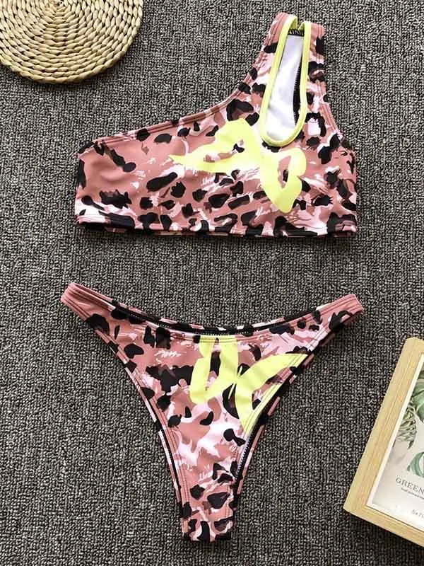 Single Shoulder Leopard Bikini Set