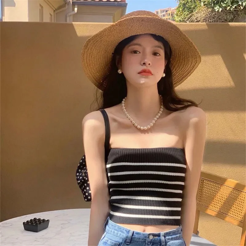 Uveng Uveng Straps With Breasts Outside The Back Wear Hottie Slings Design Feel Summer Striped Knitted Ice Silk Vest Woman