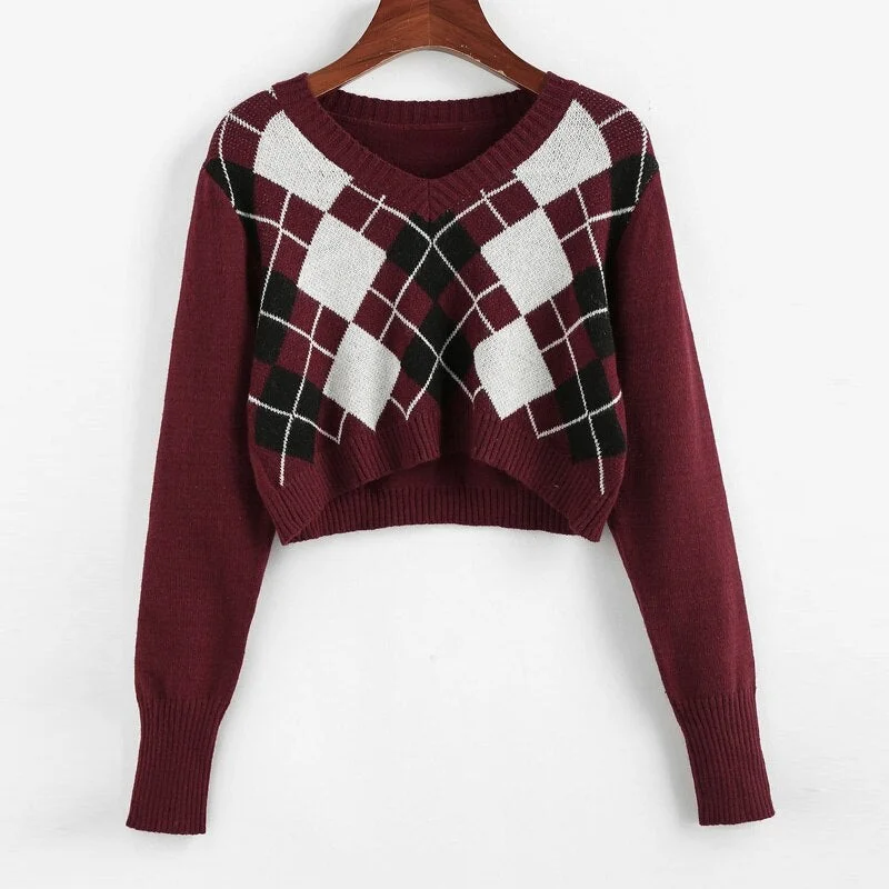 Cropped Argyle Sweater Women V Neck Long Sleeve Pullover Elegant Knit Sweater Top 2021 Fashion Za Style Autumn Jersey Mujer