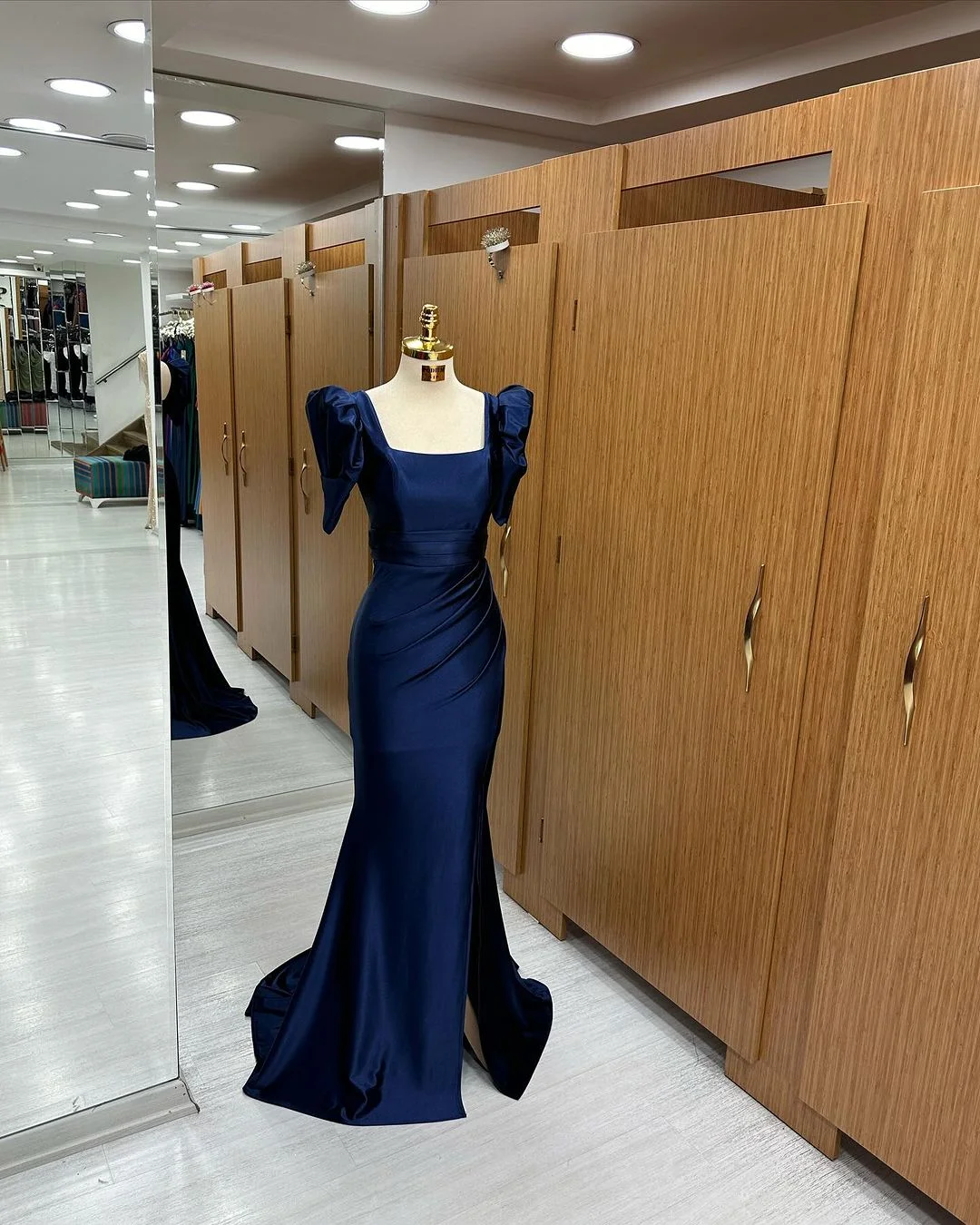 Lisliy Royal Blue Long Mermaid Prom Dress Bubble Sleeves Square With Slit 