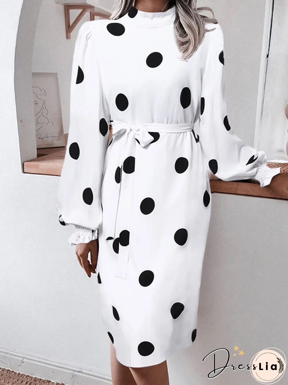 Dot Print Puff Long Sleeve Shirred Stand Collar Dress With Belt