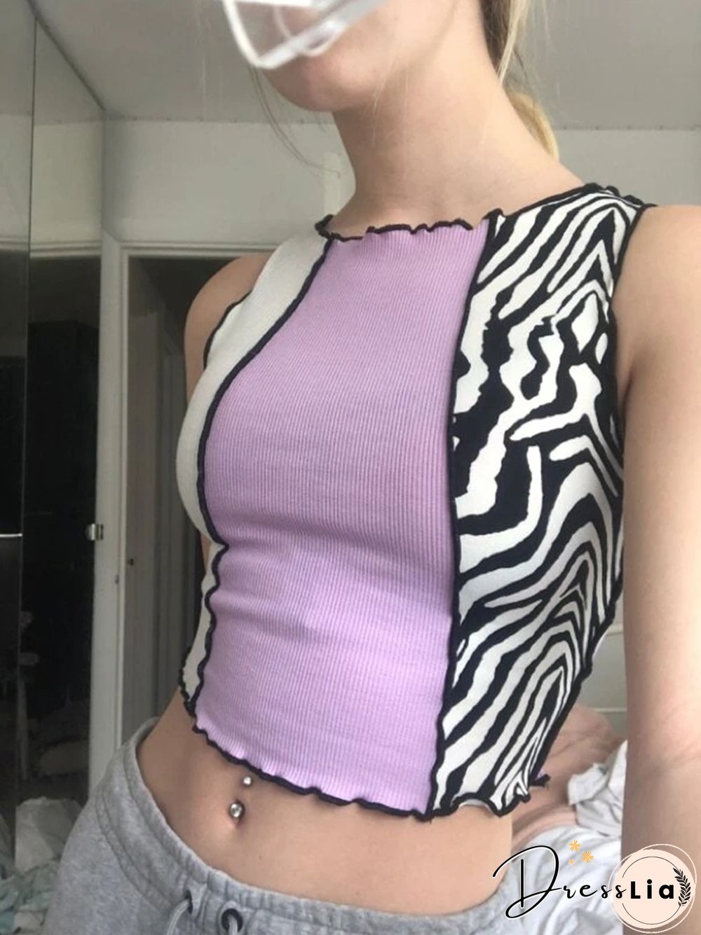 Womens Purple Y2K Zebra Stripe Printed Vest Top Summer Lettuce Trim Sleeveless Crop Tank Top Streetwear Harajuku Tee Shirt