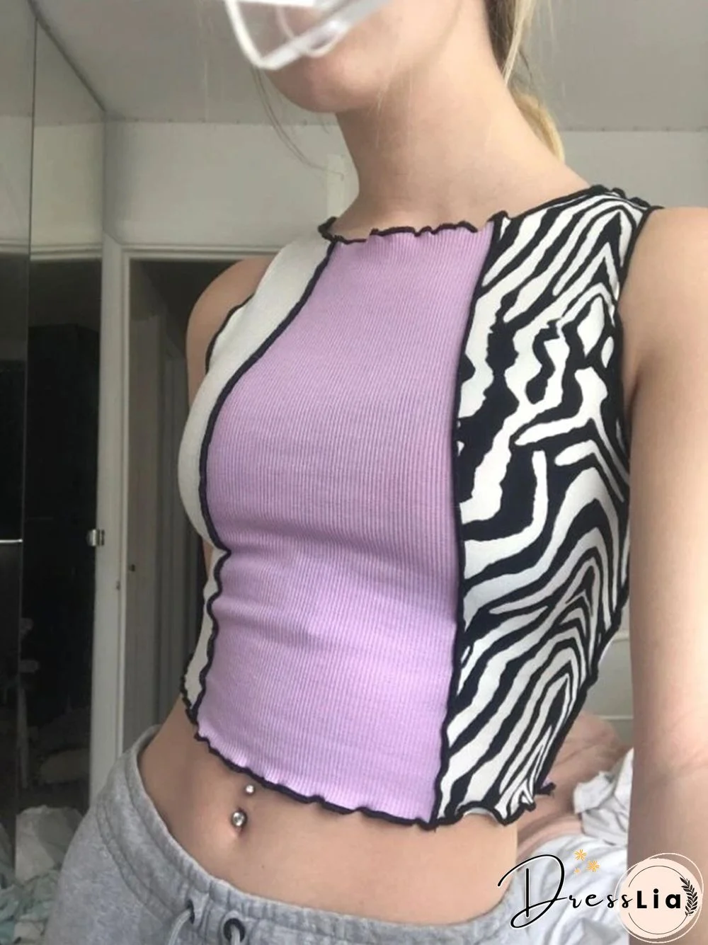Womens Purple Y2K Zebra Stripe Printed Vest Top Summer Lettuce Trim Sleeveless Crop Tank Top Streetwear Harajuku Tee Shirt