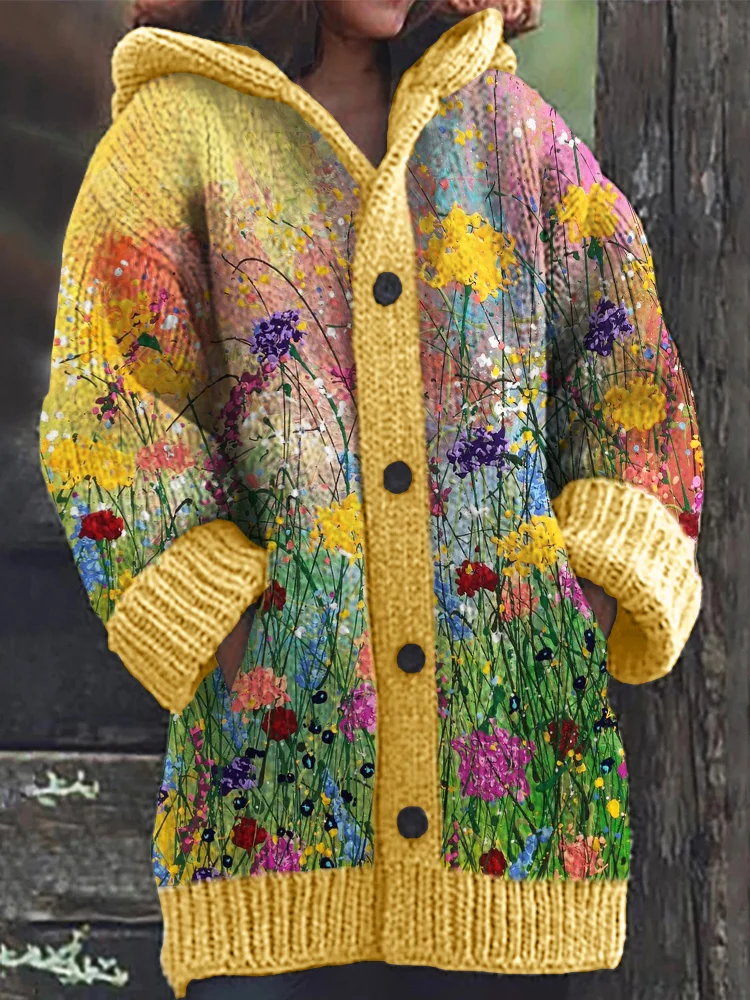 Comstylish Wild Flowers Oil Painting Art Cozy Knit Hooded Cardigan