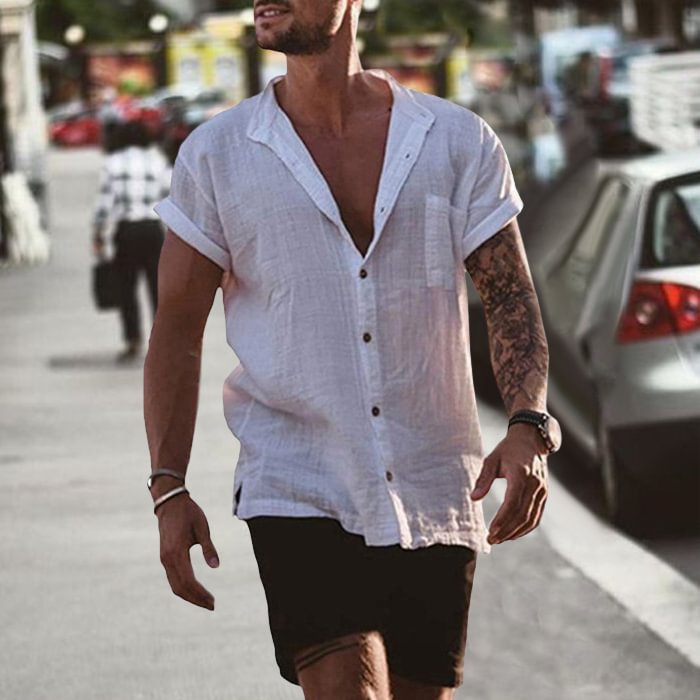 Men's Linen Loose Short Sleeve Pocket Simple Casual Shirt、、URBENIE