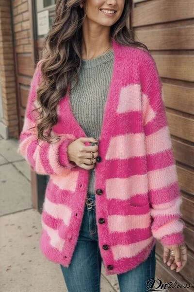 Striped Button Up Fuzzy Cardigan with Pockets