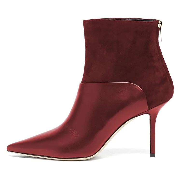 Burgundy Vegan Suede Zipper Stiletto Heel Ankle Boots for Women |FSJ Shoes