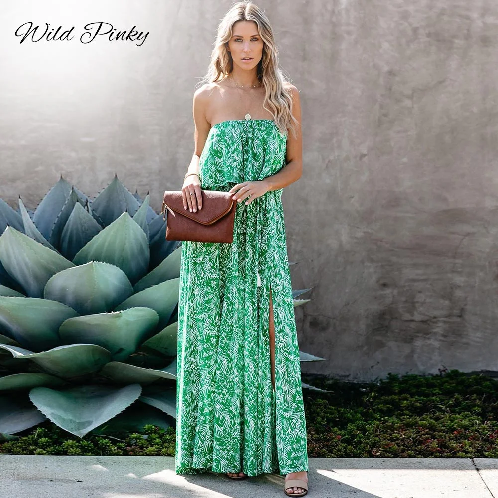 WildPinky Long Vacation Style Leaves Printed Dress Women Ruffles Backless Split Dress New Fashion Summer Beach Dress Vestidos