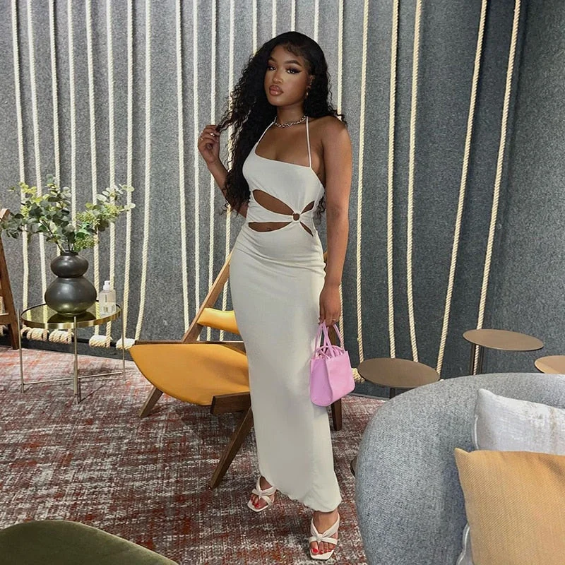 BIIKPIIK Sexy White Strapless Sleeveless Cut out Bodycon Dresses Women Fashion Elegant Club Party Midnight Prom Dress Streetwear
